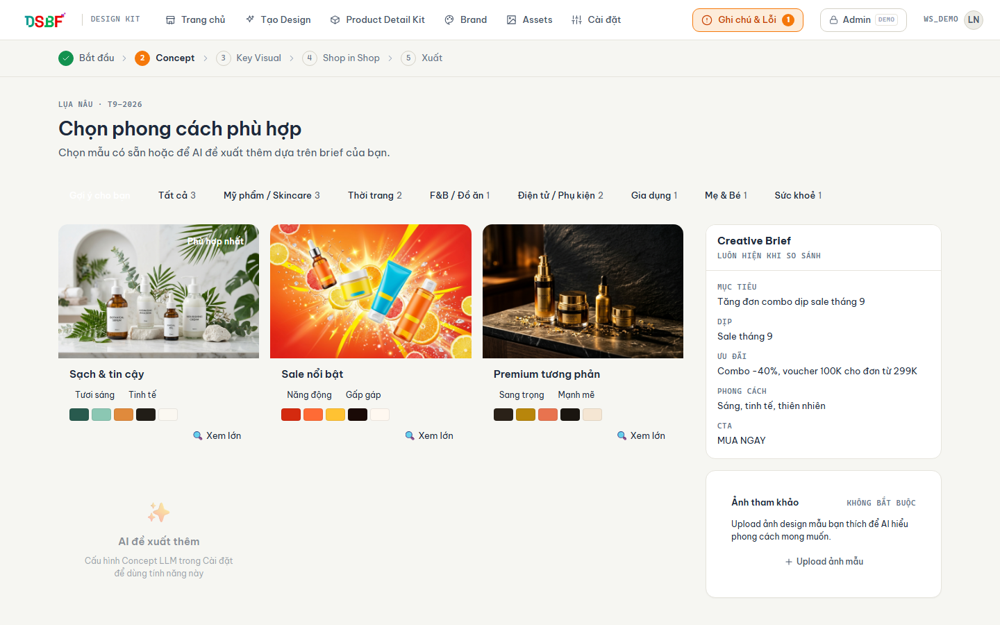 Màn hình live demo chọn ba hướng concept từ creative brief