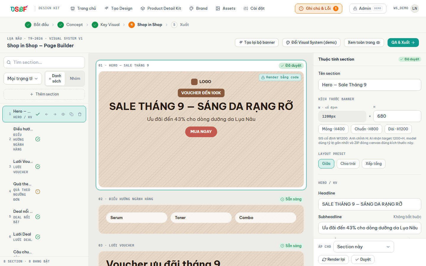 Màn hình live demo Shop in Shop page builder